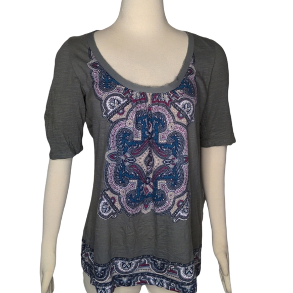 ANTHROPOLOGIE AKEMI + KIN Paisley Medallion Fringe Tie Back Puff Sleeve Med